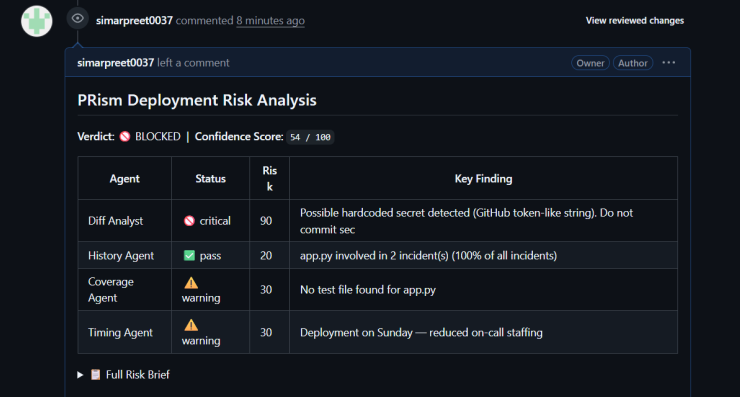 GitHub PR check showing PRism risk analysis result